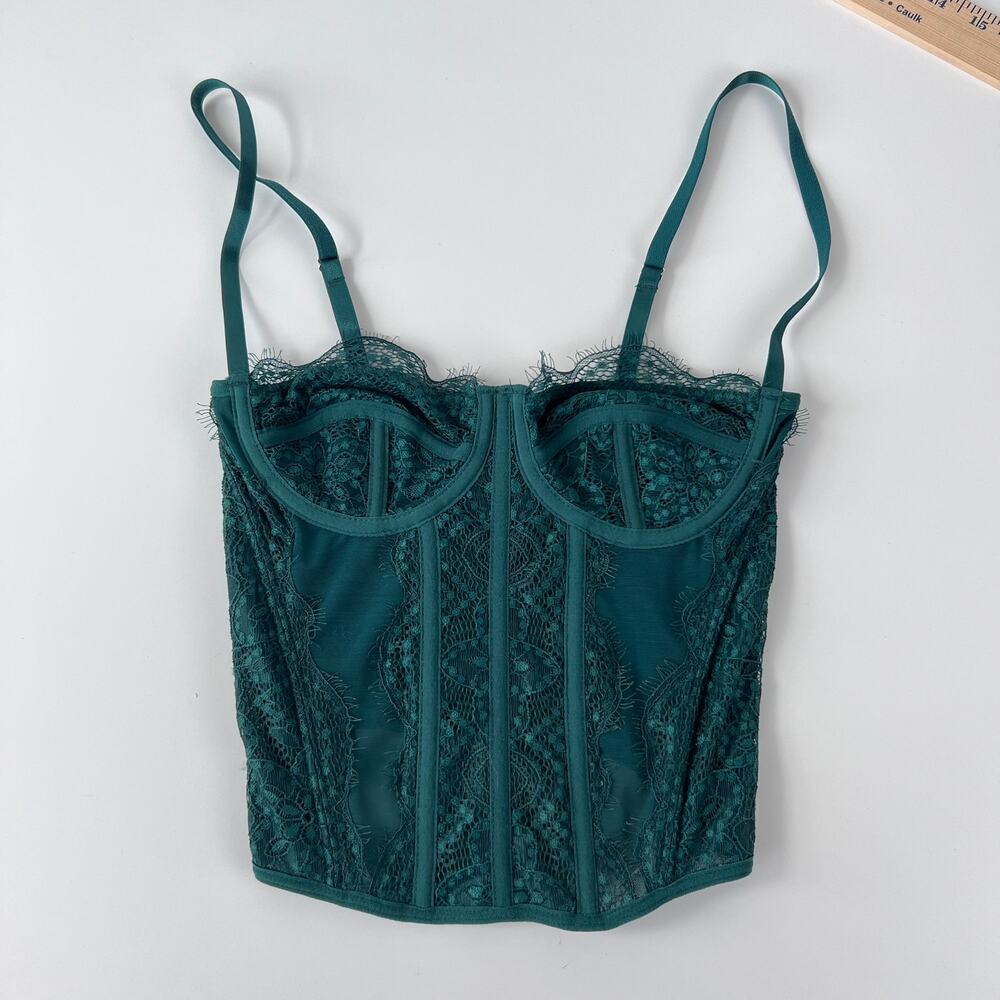Green Whimsigoth Corset Top Sheer Lace size XS